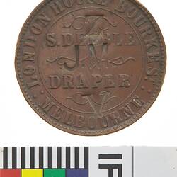 Surcharged Token - 'Z J.M. V' on 1 Penny, S. Deeble, Draper, Melbourne, Victoria, Australia, 1862