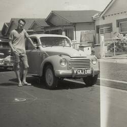 Digital Photograph - Man & First Car, Fiat 500, 1951 Model, Yarraville, 1961
