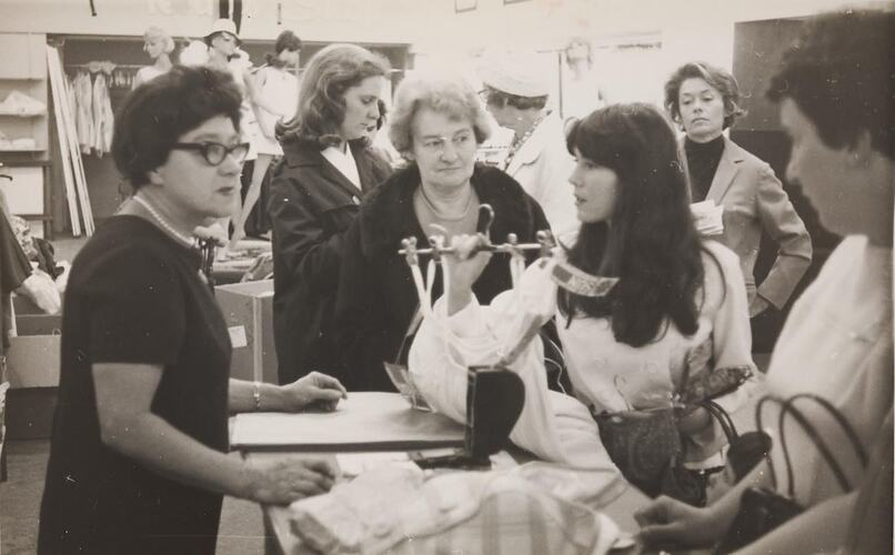 Digital Photograph - Woman Buying Lingerie at Myers, Melbourne, 1969