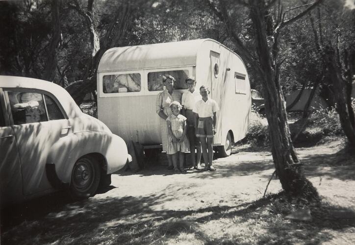 Digital Photograph - Woman, Boy & Two Girls in front of Caravan, Sorrento, circa 1958