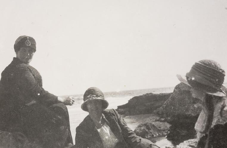 Digital Photograph - Three Women in Hats on Rocky Beach, Port Phillip Bay, circa 1920