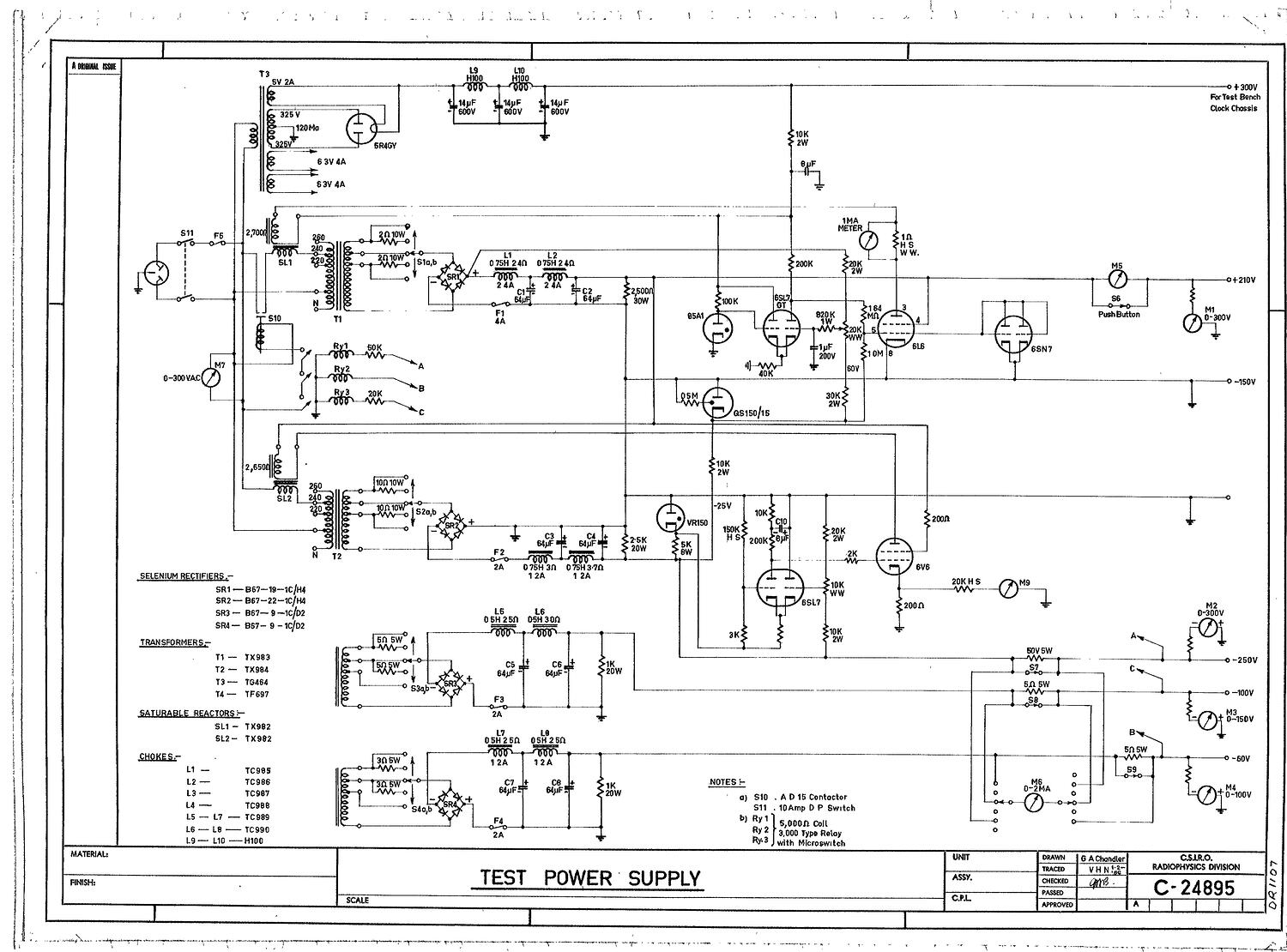 Schematic Diagram - CSIRAC Computer, 'Test Power Supply', C24895, 1