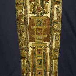 Egyptian coffin, base decorated with colourful patterns and pictures.