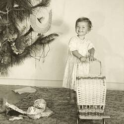 Smiling Girl with New Toy Wicker Pram, Living Room, Nunawading, Christmas 1952