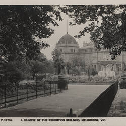 Postcard - 'A Glimpse of the Exhibition Building', Southern Facade & Hochgurtel Fountain, Exhibition Building, Rose Series, Melbourne, circa 1930