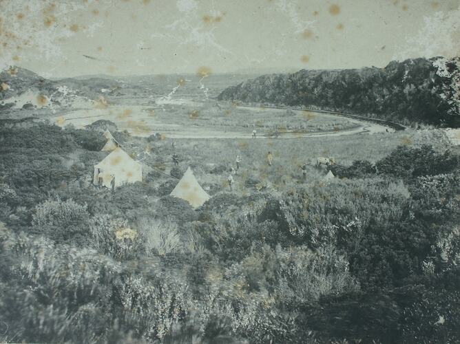Headquarters & camp near the estuary of the Yellow Rock Rivulet / north west coast - looking inland