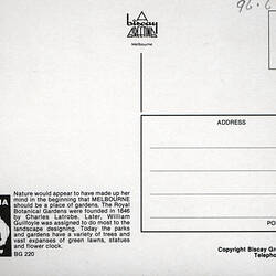 Postcard - Royal Exhibition Building & Views of Melbourne, Biscay Greetings, Melbourne, circa 1990 (Reverse)