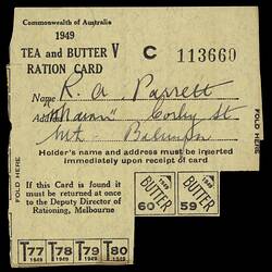 Ration Card - Tea & Butter, RA Parrett, Balwyn North, 1949