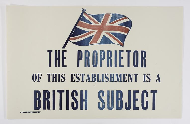 Sign - The Proprietor of this Establishment is a British Subject, Edward V.Brown, 1936-47