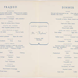 Menu - Italian Lloyd Triestino Line, MN Neptunia, Dinner, 5 Jan 1952