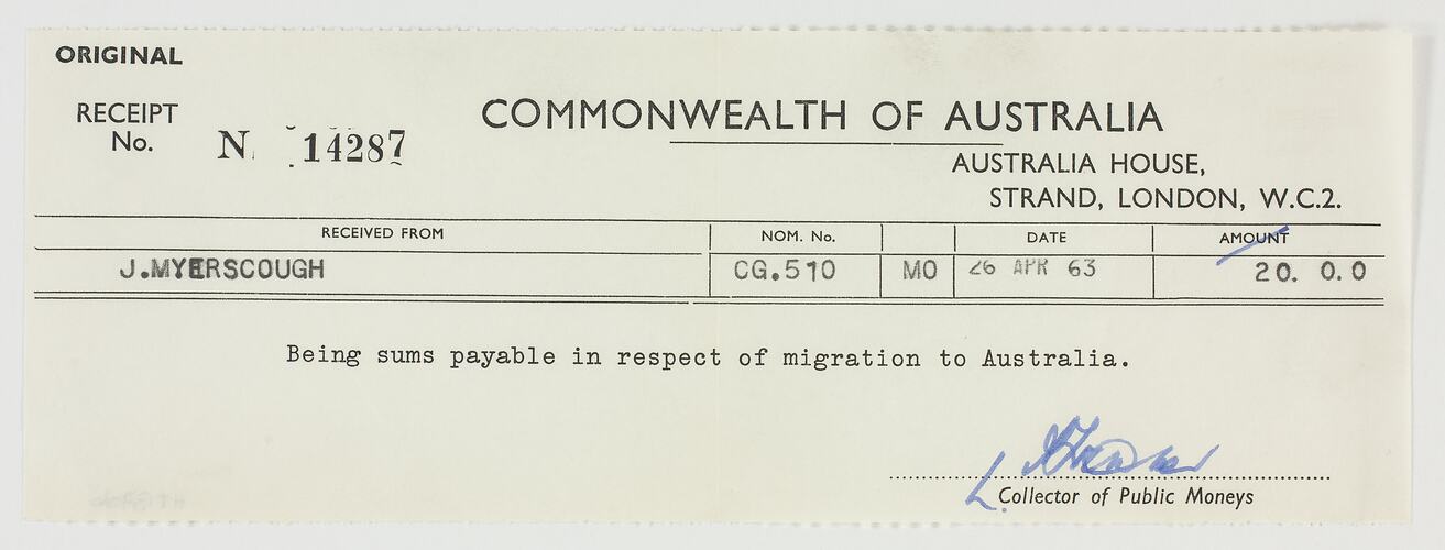 Receipt - Migration Payment to Commonwealth of Australia, Myerscough, 1963