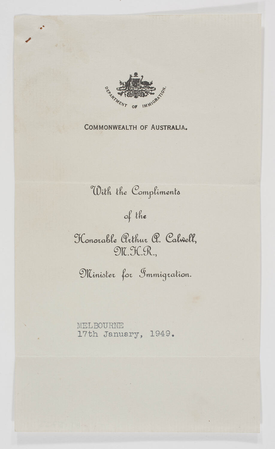 Flyer - 'With the Compliments of the Honorable Arthur A Calwell ...