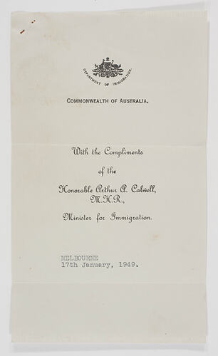 Flyer - 'With the Compliments of the Honorable Arthur A Calwell', Department of Immigration,17 Jan 1949