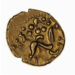 Coin, round, a crudely formed horse advancing right with beads and a crescent above.