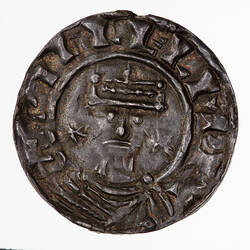 Coin, round, a crowned bust of the King facing between two stars; text around.