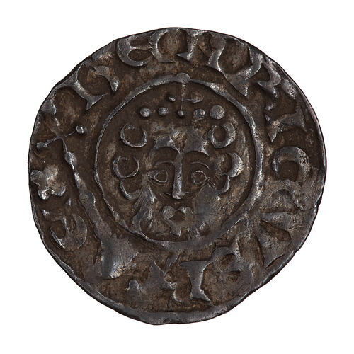 Coin, round, a crowned bust of the King facing within a line circle, holding a sceptre outside the circle.