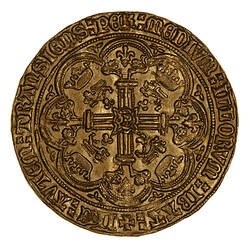 Coin, round, at centre, the letter E over a floriated cross. In each angle, a Lion passant below a crown.