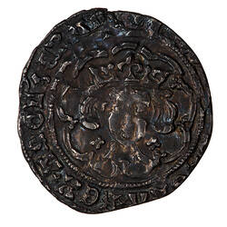 Coin, round, crowned bust of the King facing within a tressure of nine arches; text around.