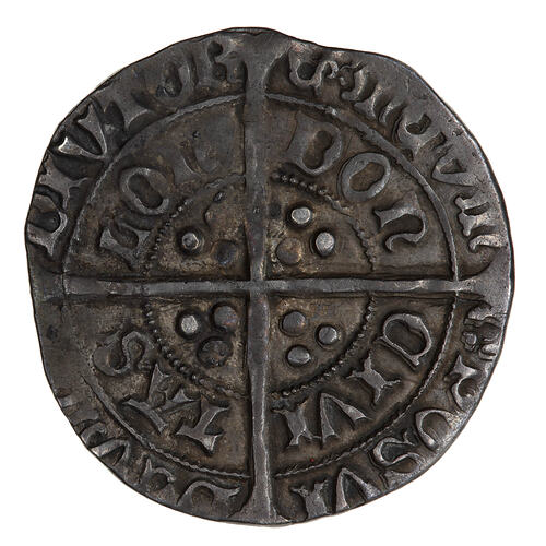 Coin, round, long cross pattee dividing legend; text around in two concentric circles.