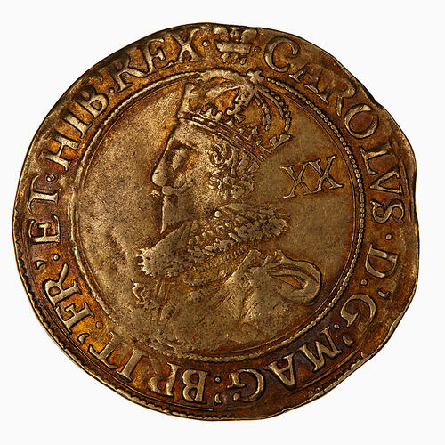 Coin, round, Within beaded circle crowned bust of a king wearing a ruff, armour and mantle on shoulder.