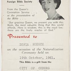 Sticker - Naturalization Bible Presentation, Presented to Zofia Kozuch by City of Coburg, 19 Oct 1961