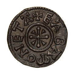 Coin, round, at the centre within a circle, cross pommee with wedges in the angles ; text around, + EABA MONET