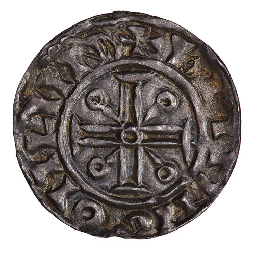 Coin, round, Within a line circle, a voided cross pattee with an annulet at the centre over a cross.