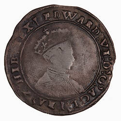 Coin, round, Full figure of the Queen enthroned, wearing crown and holding a sceptre and orb.