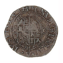 Coin, round, oval shield quartered with the arms of England, France, Scotland and Ireland.