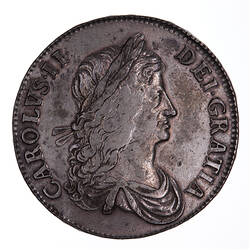Coin, round, Laureate bust of a king facing right; text around, CAROLVS . II . DEI . GRATIA.