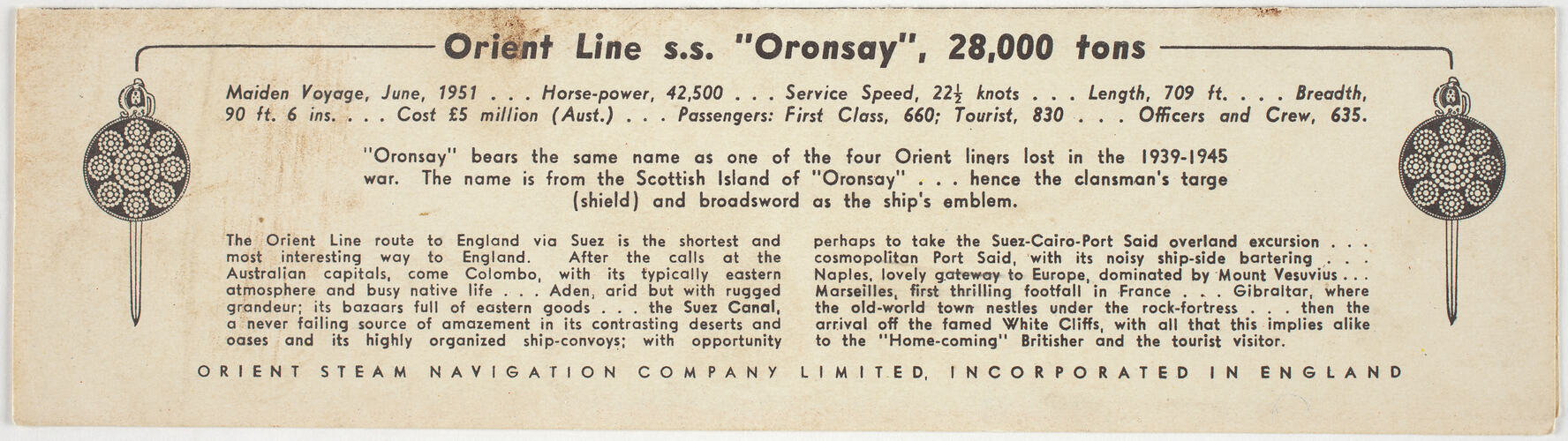 Pamphlet - SS Oronsay 28,000 Tons, Orient Lines