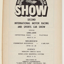 Title page of Motor Show catalogue with text