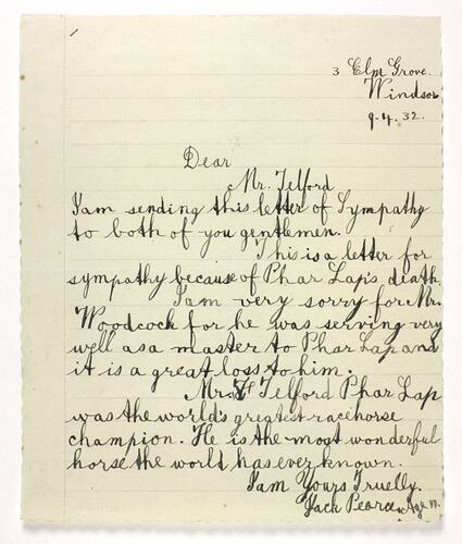Letter - Pearce to Telford, Phar Lap's Death, 09 Apr 1932