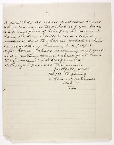 Letter - Copping to Telford, Phar Lap's Death, 05 May 1932