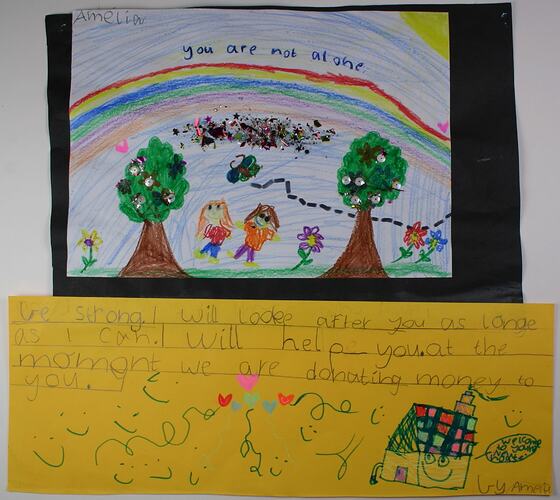 Child's colourful drawing of two figures beside trees beneath rainbow. Text on yellow paper below.