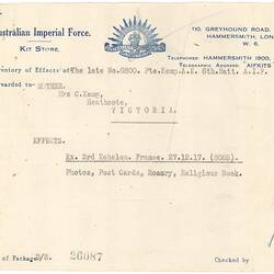 Letter - Australian Imperial Force, Inventory of Personal Effects, May 1918