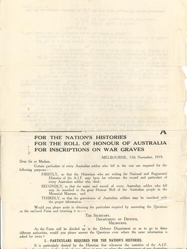 Letter - Request for Particulars of Deceased Australian Soldier, 15 Nov 1919