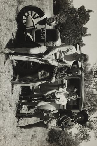 Photograph - Group Portrait of Men with Motor Car and Guns, Nagambie, Victoria, 26 Dec 1949