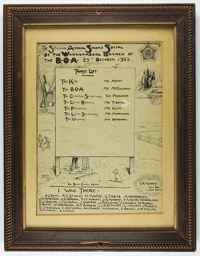 Souvenir Toast List - Second Annual Smoke Social, B.O.A. Warrnambool Branch, Framed, 25 Oct 1923