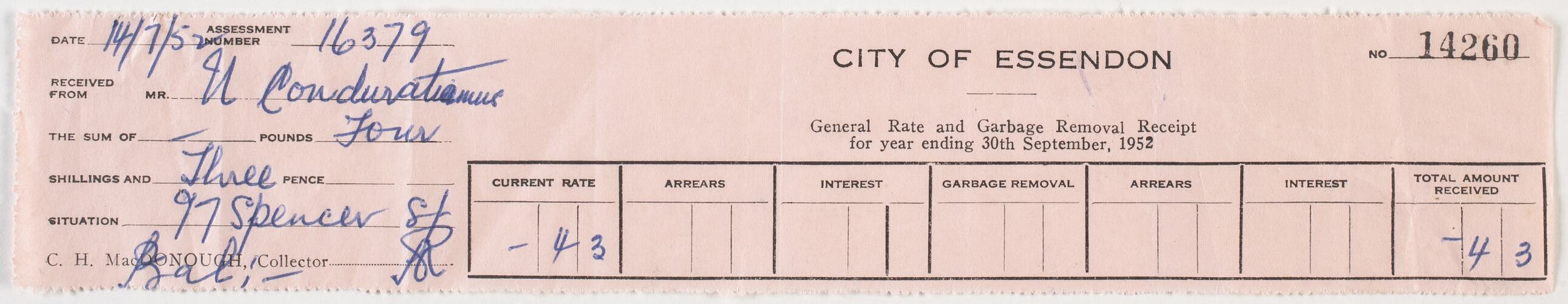 Receipt - City of Essendon, 14 Jul 1952