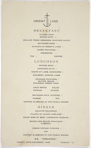 Menu - RMS Ormonde, Orient Line, Breakfast, Lunchon & Dinner,  24 Dec 1948