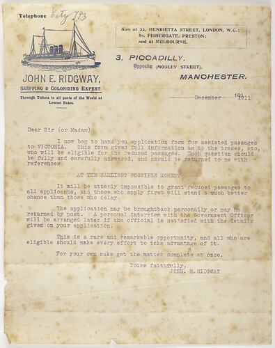 Letter - John E. Ridgway to George White, Opportunity for Assisted Passage, Dec 1911