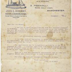 Letter - John E. Ridgway to George White, Opportunity for Assisted Passage, Dec 1911