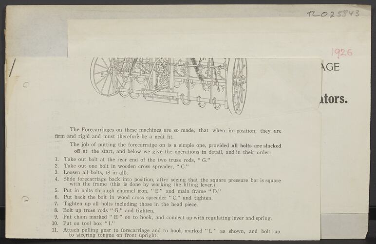 Instruction Leaflet - Hugh V. McKay Pty Lr, 'Instructions to Fit Forecarriage on to Sunshine Combined Drills and Cultivators', 1926