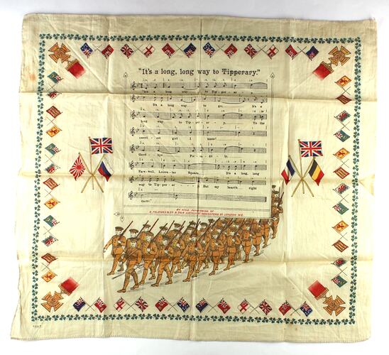 Printed handkerchief with music and marching soldiers.
