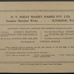 Parts List - H.V. McKay Massey Harris, 'Sunglint', 1950