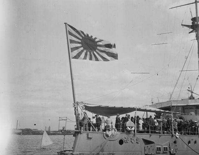 View of Japan's 'Rising Sun' Flag on Warship 'Asama' at Princes Pier, Port Melbourne, 1924