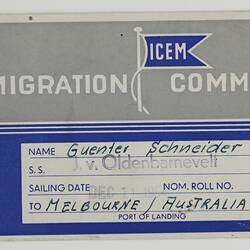 Luggage Label - Intergovernmental Committee for European Migration (ICEM), Guenter Schneider, 1954