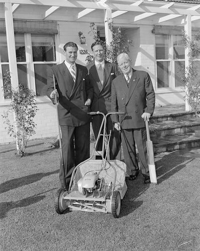 Qualcast Pty Ltd, Three Men with a Lawn Mower, North Balwyn, Victoria, 1957