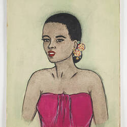 Off-white open book page, with drawing of the head and shoulders of a woman.